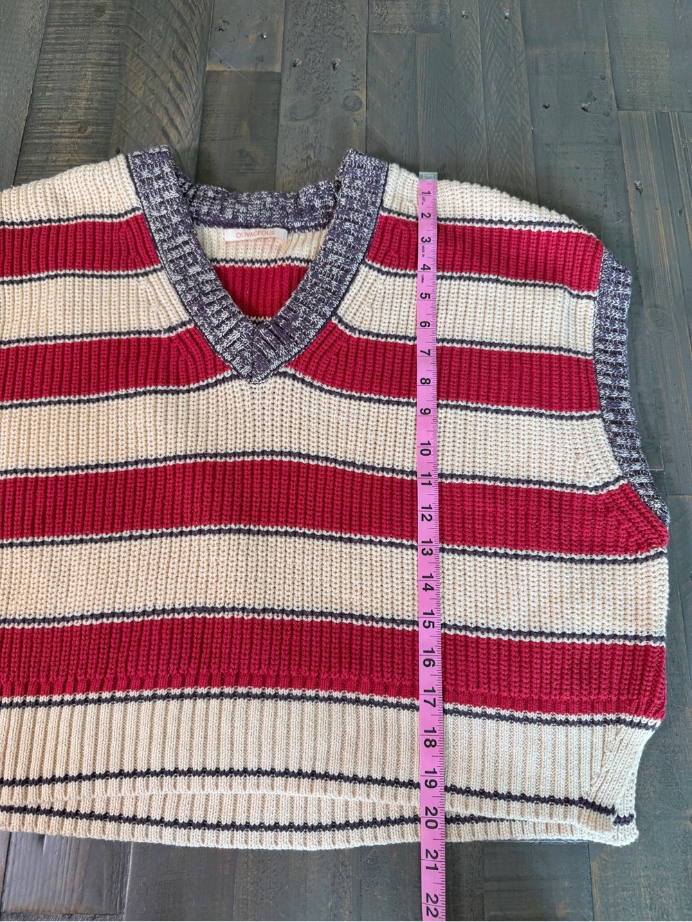 OLIVACEOUS Chunky Knit Striped Crop Vest, Preppy V-Neck, Red/Beige, L - Picture 7 of 8